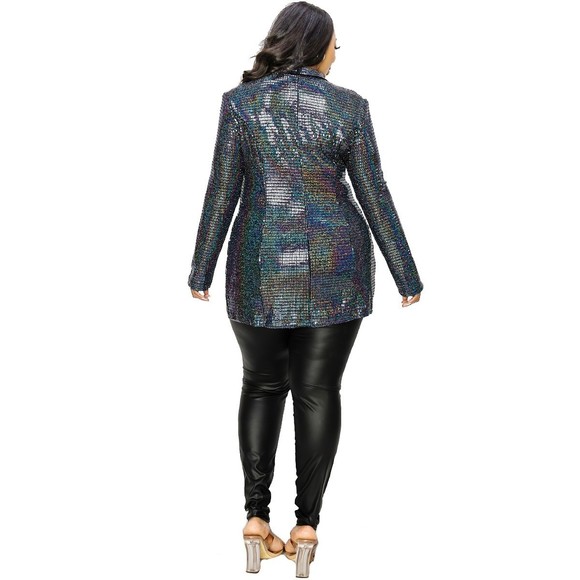 🌟Plus Disco Metallic Sequins Double Breasted Blazer - Picture 5 of 8